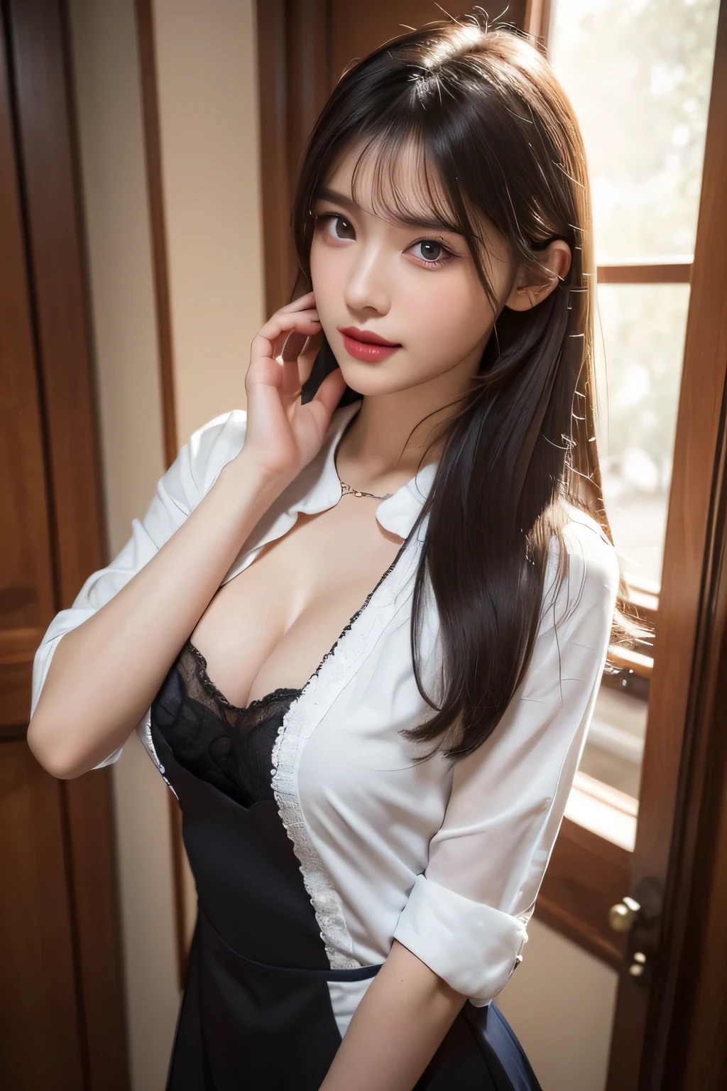 Asian woman in arafe in white top and black stockings poses for photo, 奈良美智, friendly seductive smile, reluvy5213, 2 , Middle Metaverse, 1 8 I, sakimichan, 2 9 years old old, 2 2 years