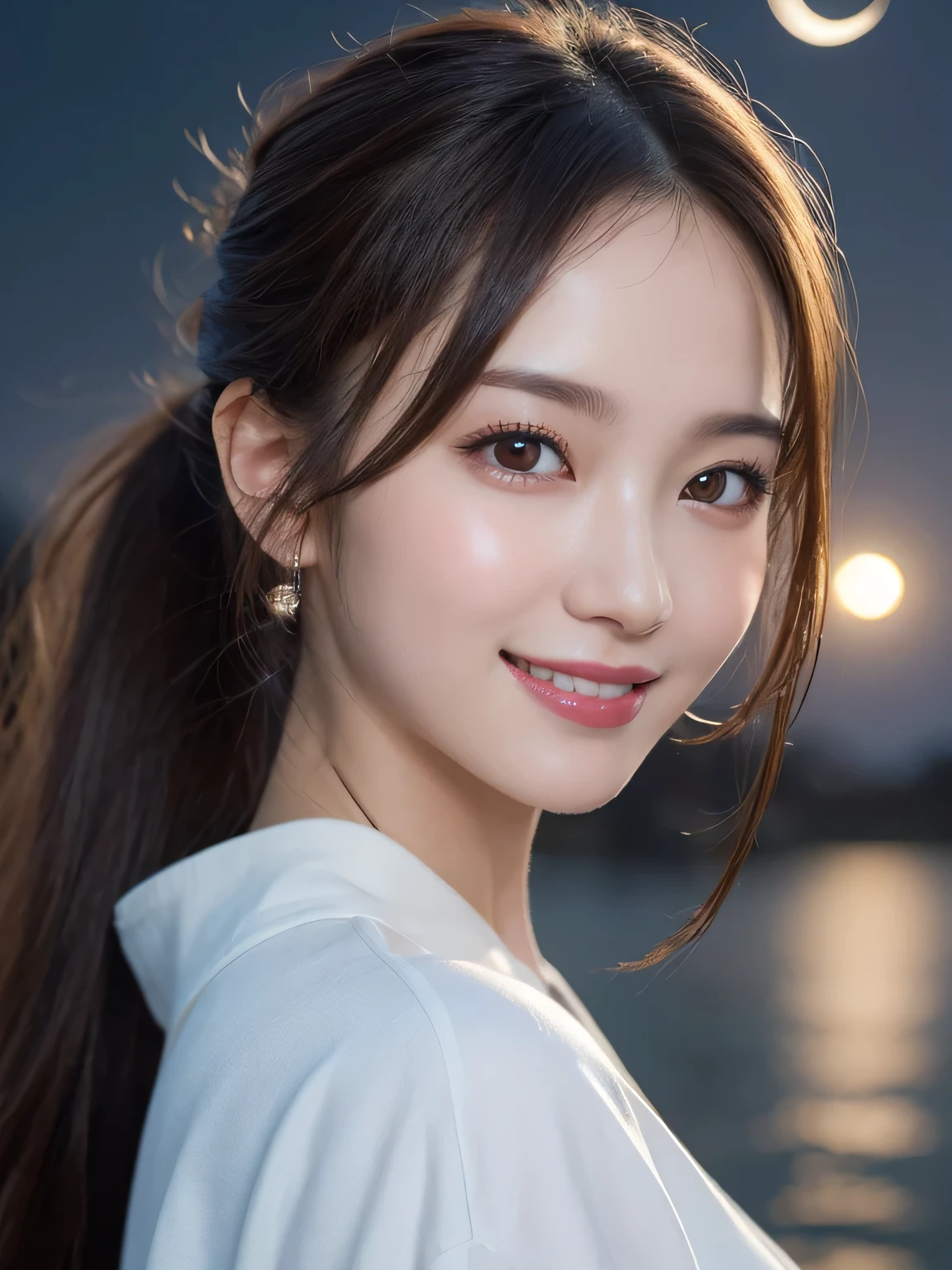 Kimono beauty, body portrait, 8K, thin and beautiful eyes, Dindal effect, masterpiece, top quality, high quality, high resolution, very detailed photo, (natural skin texture, fine skin, hyperrealism, super sharpness) , high detail skin, (very fine, fine skin texture, intricate details, ponytail, beautiful face, (real-like face), realistic eyes, beautifully detailed eyes, realistic skin, beautiful skin, hyper reality target, highly detailed, golden ratio, smiling eyes, ((night moonlight background) )), body portrait, G cup, big breasts, huge breasts, big breasts, glamorous,