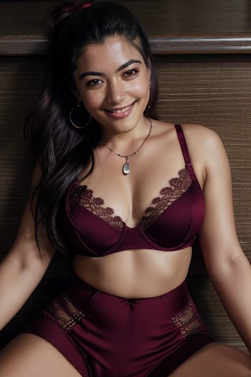 day scene, close up photo of latina from top view, lying in a pub, wide open legs, maroon see through bra, massive breasts, ponytail, necklace, 30 yo, look at viewer and smile, (cinematic:1.3), intricate details, (ArtStation:1.2)