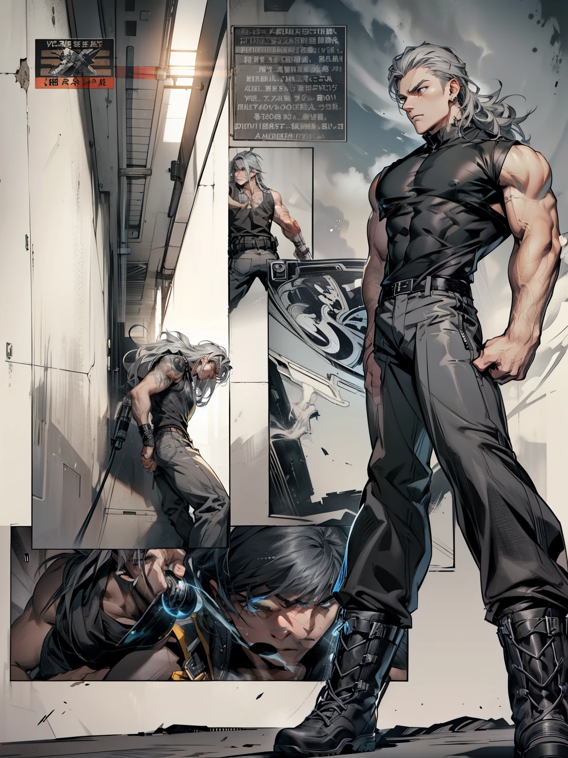 boys 26 Years old, Serious face, long hair, gray hair, wearing dark gray sleeveless shirt, black pants, high cut boots,