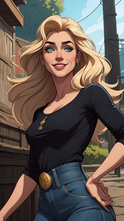 Personagem mulher estilo atompunk Fiona rainha Anna de Arendelle com marcas de guerras Imagem de desenho animado de uma mulher .Ilustra??o estilo desenho animado, estilo de arte dos desenhos animados, estilo de arte dos desenhos animados, digital illustration style, estilo atompunk design de personagens altamente detalhado, arte digital detalhada coragem, Forest fan art, Design de personagens de retrato, beautiful digital illustration, retrato de alta qualidade, Arte em quadrinhos, mulher jovem cabelo com transas lindas . Queen Anna of ArendelleBeautiful lined eyes Medium large bust and wonderful sexy clothes. image expression of sexual desire from waist to head illustration Queen Anne of Arendelle atompunk style Fallout 4 style pose playboy magazine sensual witch Character cartoon style facial expression happy beautiful smile and six medium small portrait mode waist up with lots of gold around her other stones precious portrait mode waist up queen of the south Jennifer Connelly GTA scenery dominatrix gold coins chest with jewelry with her boyfriend, um homem com barba preta, armado com um estilo militar,mulher de 35 anos, very long blonde hair down to the waist and half curly with bangs, seios pequenos, olhos grandes com um brilho apaixonado, olhos verdes mel, Um lindo sorriso, wearing a long black t-shirt with a green feminine suit and jeans, in a serious and sweet comic-style pose, alta qualidade