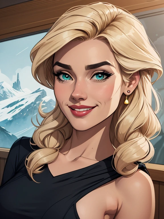 Personagem mulher estilo atompunk Fiona rainha Anna de Arendelle com marcas de guerras Imagem de desenho animado de uma mulher .Ilustra??o estilo desenho animado, estilo de arte dos desenhos animados, estilo de arte dos desenhos animados, digital illustration style, estilo atompunk design de personagens altamente detalhado, arte digital detalhada coragem, Forest fan art, Design de personagens de retrato, beautiful digital illustration, retrato de alta qualidade, Arte em quadrinhos, mulher jovem cabelo com transas lindas . Queen Anna of ArendelleBeautiful lined eyes Medium large bust and wonderful sexy clothes. image expression of sexual desire from waist to head illustration Queen Anne of Arendelle atompunk style Fallout 4 style pose playboy magazine sensual witch Character cartoon style facial expression happy beautiful smile and six medium small portrait mode waist up with lots of gold around her other stones precious portrait mode waist up queen of the south Jennifer Connelly GTA scenery dominatrix gold coins chest with jewelry with her boyfriend, um homem com barba preta, armado com um estilo militar,mulher de 35 anos, very long blonde hair down to the waist and half curly with bangs, seios pequenos, olhos grandes com um brilho apaixonado, olhos verdes mel, Um lindo sorriso, wearing a long black t-shirt with a green feminine suit and jeans, in a serious and sweet comic-style pose, alta qualidade
