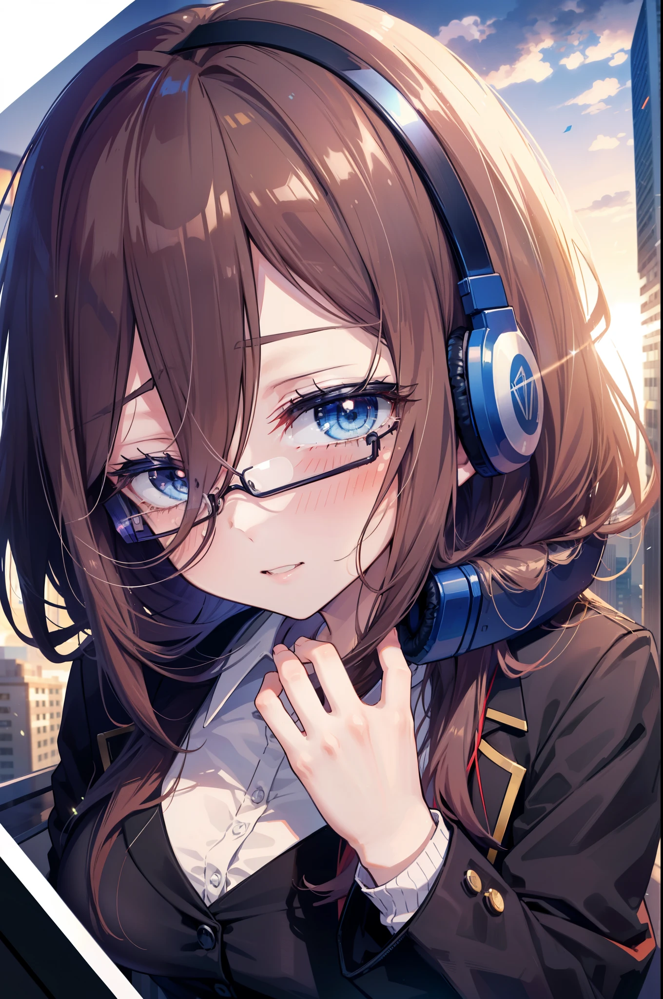 Miku Nakano, Miku Nakano, Long Hair, bangs, blue eyes, Brown Hair,,Blue Hairband ,Hair between the eyes, happy smile, smile, Open your mouth,Headphones around the neck,OL, Akagi glasses, Black suit jacket, Collared jacket, White dress shirt, Collared shirt, Neckline, button, Black pencil skirt, Black pantyhose,Stiletto heels,So that the whole body goes into the illustration,sunset,evening,The sun is setting, Looking up from below,
break outdoors, city,Building district,
break looking at viewer, (Cowboy Shot:1. 5)
break (masterpiece:1.2), highest quality, High resolution, unity 8k wallpaper, (shape:0.8), (Beautiful details:1.6), Highly detailed face, Perfect lighting, Extremely detailed CG, (Perfect hands, Perfect Anatomy),