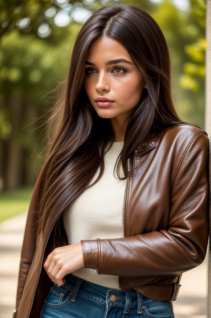 Editorial Photography 2000's style, a gorgeous girl with long dark brown hair. Hazelnut brown leather jacket, Jeans, sunglasses, medium Term. The air is clear, calm and quiet ambient, detailed soft pale skin. 35 mm. (nikon d850)​, realistic skin texture, atractive features, dream beauty, ethereal beauty, angelical face.