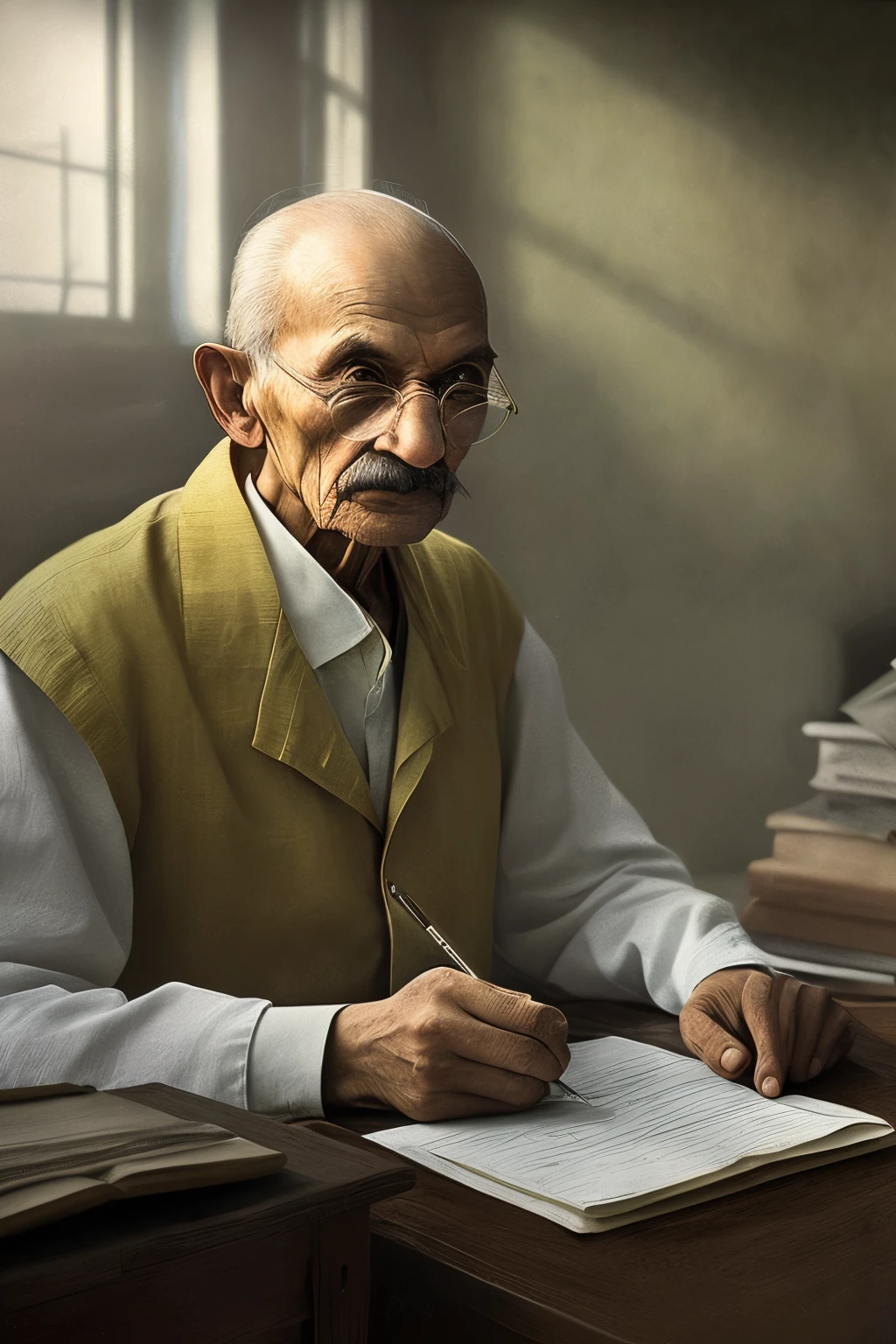 (masterpiece) A meticulously crafted image of Mahatma Gandhi, deep in thought as he writes a heartfelt letter to Adolf Hitler, using a quill pen and old parchment paper. The scene is set in a simple and clutter-free room with warm, natural light filtering in from the window. Gandhi's expression is serene and compassionate, and he addresses Hitler as "Dear Friend" with sincere and genuine emotions. The background is subtle, featuring a lush green landscape outside the window, symbolizing the hope for peace and understanding between two great leaders. The overall image exudes tranquility and the power of dialogue to bridge even the greatest divides. This