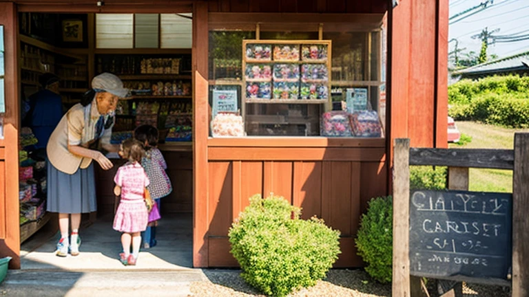 Children and an old woman shopping at a small candy store in the countryside、A small sweet shop in the Japanese countryside、