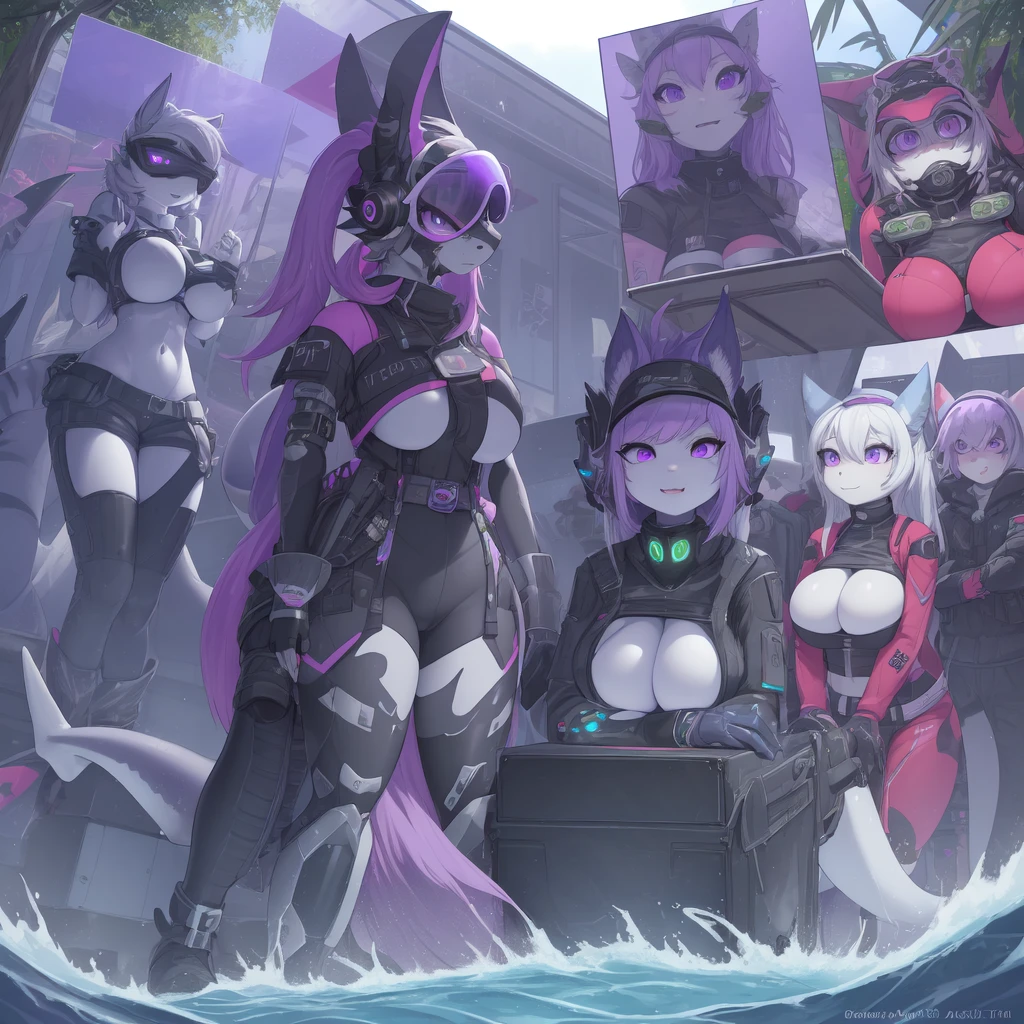 ((best quality, Masterpiece, perfect anatomy, Detailed pictures)), 1 female, arctic protogen, shark girl, Long visor, purple visor, purple eyes, sexy body, Big Pong, big breasts, Future military clothing, Shark tail, red red, shy, in the sea, front view