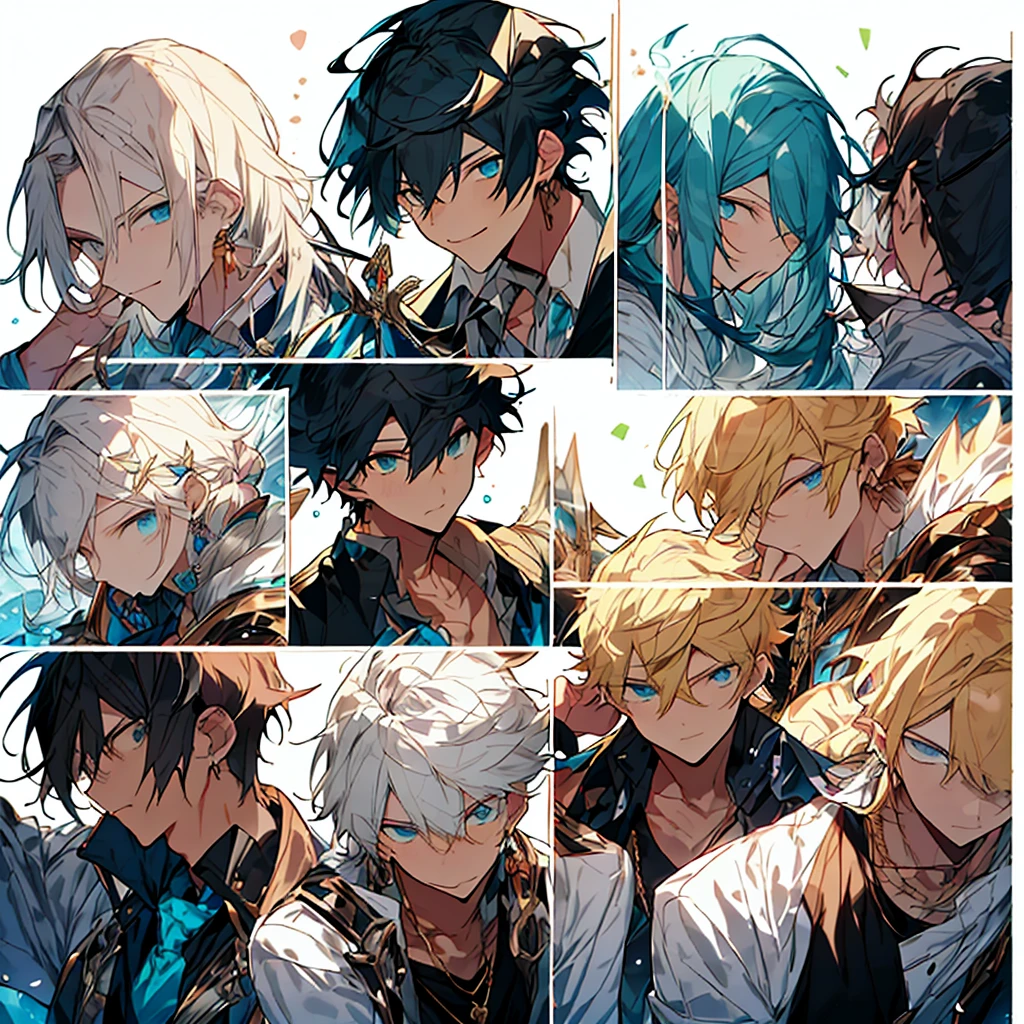 ((best quality、A masterpice))、Two anime handsome men、knights、black hair、a blond、Blue eyes、Golden Eyes、sirius a and sirius b、Comic art、high quality fanart、from cryptid academia、inspired by Masanobu Okumura、epic anime style、detailed fan art、Akihiko Inoue and Rostran