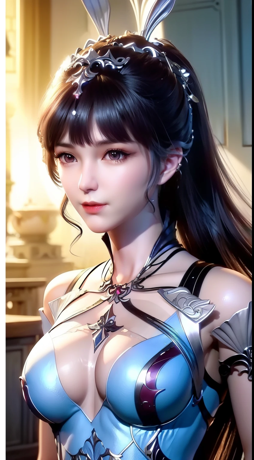 Close-up of a woman in a silver blue dress,Cheng Weipan Art Station,Xiuxian sense of technology,detailed fantasy art,Stunning character art,Epic and refined character art,beautiful armor,Extremely detailed artistic germination,detailed digital anime art, Artgerm on the art station Pixiv,Swimsuit girl,Exquisite and intricate headwear and jewelry