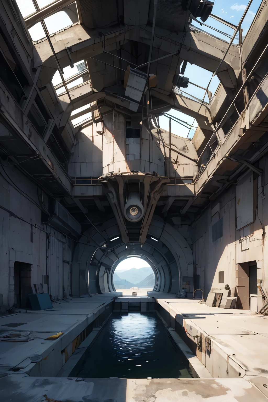 ((best quality)), ((masterpiece)), (detailed), alien planet, monochromatic, weird structure, metalical outcrops, military concrete bunker