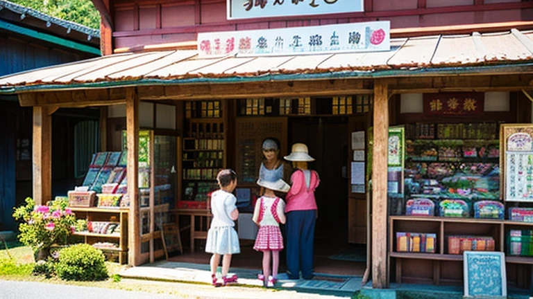Children and an old woman shopping at a small candy store in the countryside、A small sweet shop in the Japanese countryside、