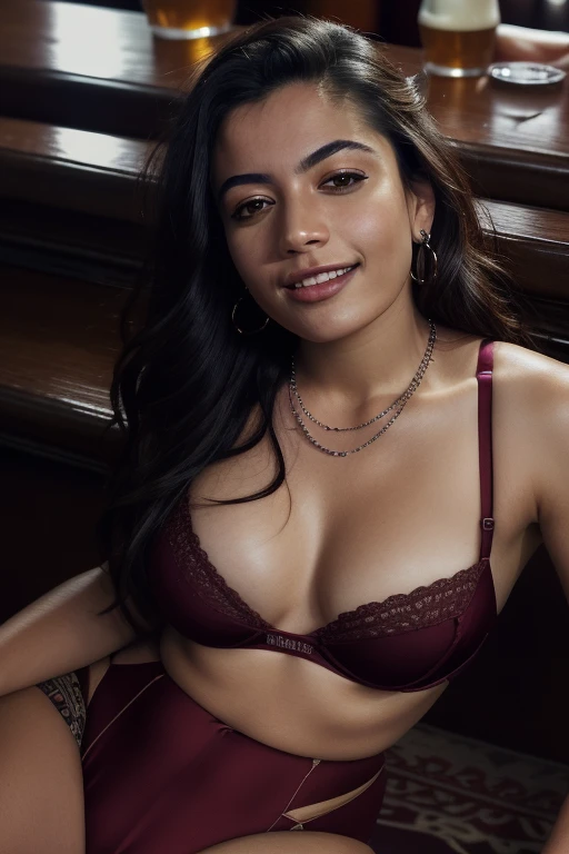 day scene, close up photo of latina from top view, lying in a pub, wide open legs, maroon see through bra, massive , ponytail, necklace, 30 yo, look at viewer and smile, (cinematic:1.3), intricate details, (ArtStation:1.2)