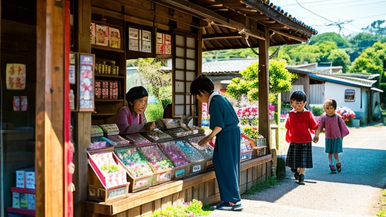 Children and an old woman shopping at a small candy store in the countryside、A small sweet shop in the Japanese countryside、