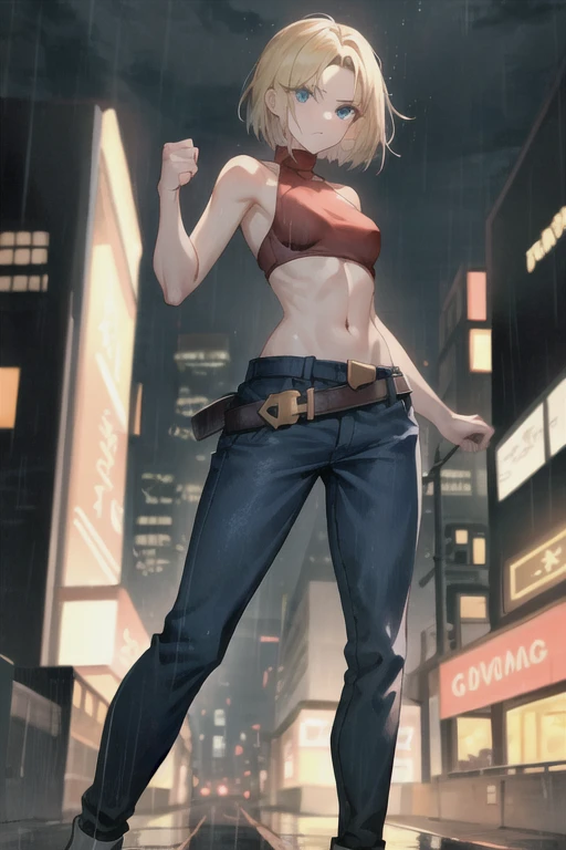 maryms,Best Quality,(beauty),masterpiece,  1girl,phisically-based render ,ultra highres,narrow waist, skinny,big eyes,long legs,(small breasts),puffy eyes, night,(rainy city), shiny skin, facing viewer, fighting stance, (make a fist),firm expression,