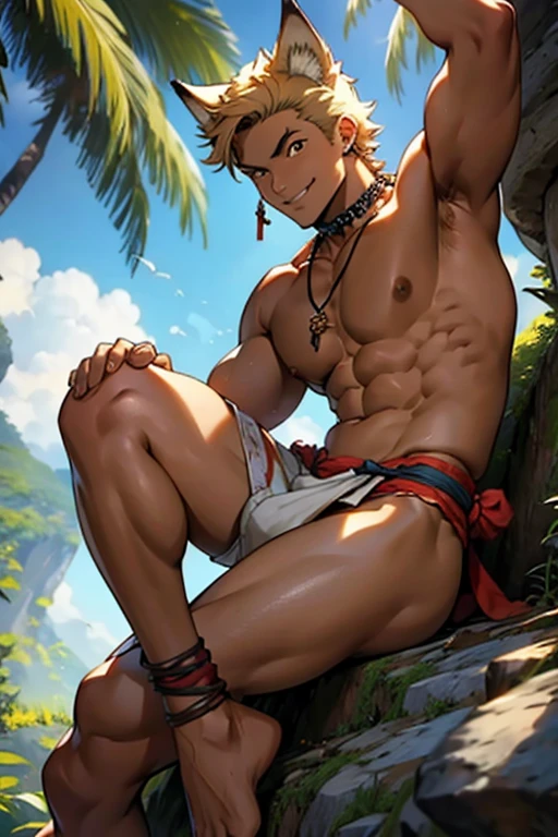 野性的なBrown skinの狼獣人の部族の細マッチョな奴隷少年、Brown skin、barefoot、barbarian、Ankle Accessories、Wolf Ears、Wearing an ivory necklace、diving、smile、Wearing a loincloth、Short Hair、Tattered Loincloth、Iron Collar、jungle