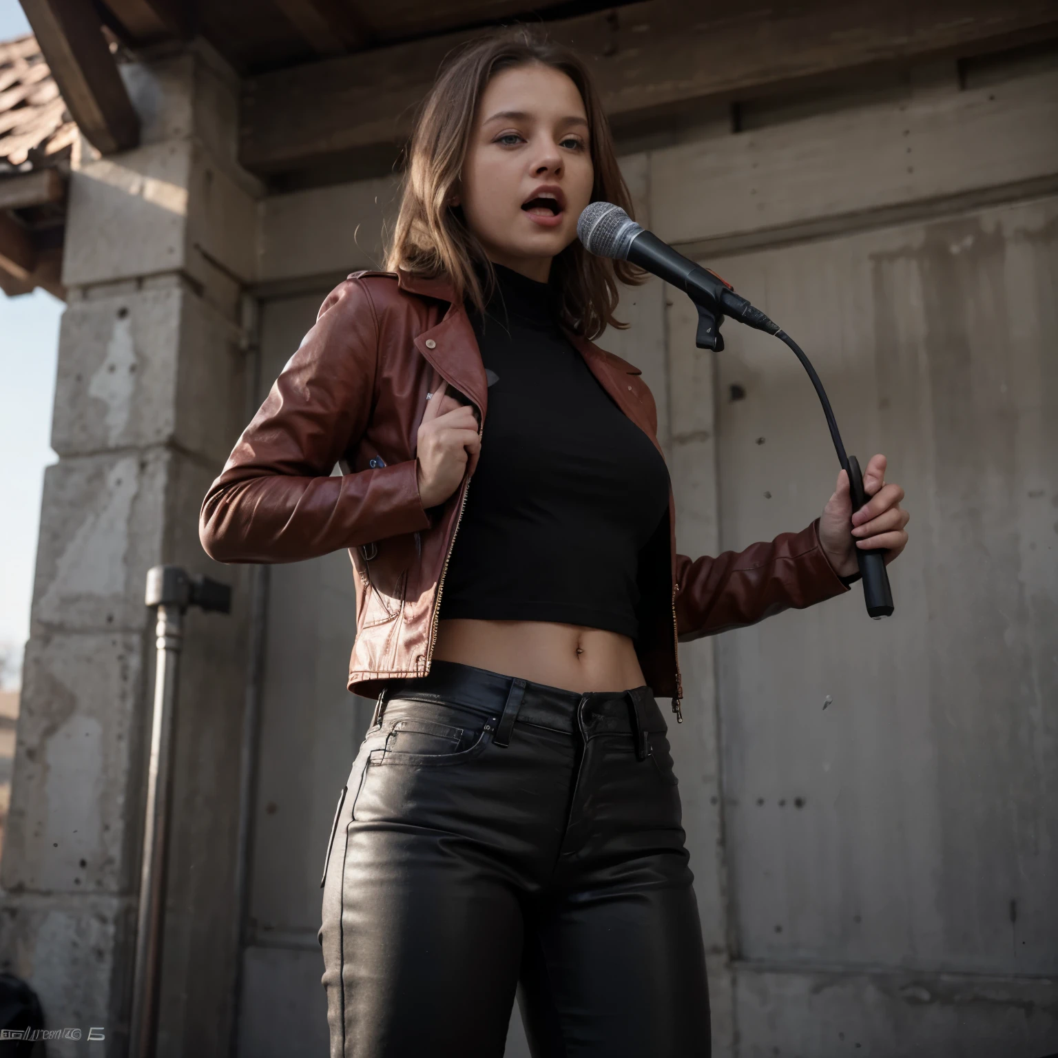 Blonde woman, blue eyes, singing with a microphone, cantando, red leather jacket, black pants, perfect body, ultra-realistic HD, 8K render, realistic, cinematic, photorealistic, Unreal Engine 5, bright sunny day, full screen.