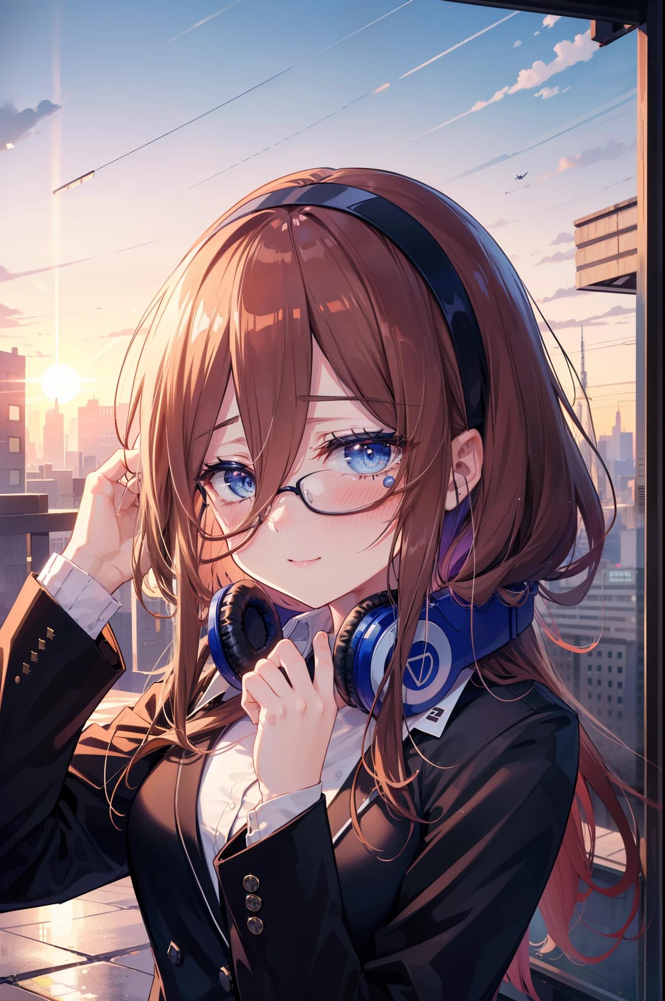 Miku Nakano, Miku Nakano, Long Hair, bangs, blue eyes, Brown Hair,,Blue Hairband ,Hair between the eyes, happy smile, smile, Open your mouth,Headphones around the neck,OL, Akagi glasses, Black suit jacket, Collared jacket, White dress shirt, Collared shirt, Neckline, button, Black pencil skirt, Black pantyhose,Stiletto heels,So that the whole body goes into the illustration,sunset,evening,The sun is setting, Looking up from below,
break outdoors, city,Building district,
break looking at viewer,  (Cowboy Shot:1. 5)
break (masterpiece:1.2), highest quality, High resolution, unity 8k wallpaper, (shape:0.8), (Beautiful details:1.6), Highly detailed face, Perfect lighting, Extremely detailed CG, (Perfect hands, Perfect Anatomy),