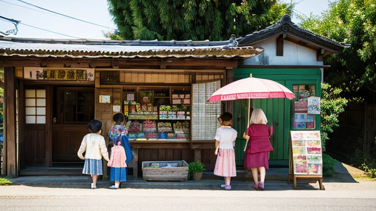 Children and an old woman shopping at a small candy store in the countryside、A small sweet shop in the Japanese countryside、