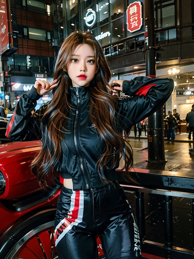 1woman, long hair, red eyes, lite brown hair, bike suit blue, biker shorts shinny blue,
