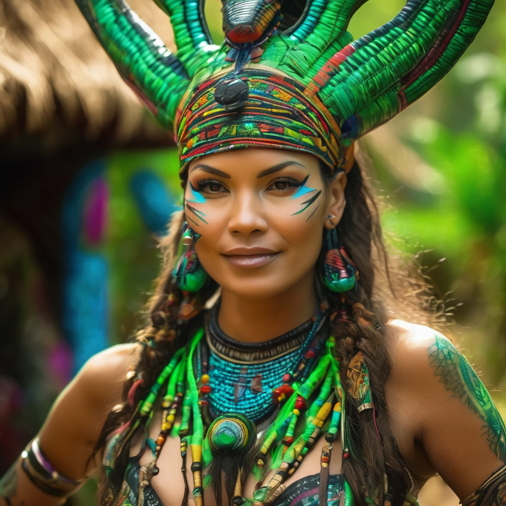 (best quality,4k,8k,highres,masterpiece:1.2),ultra-detailed,(realistic,photorealistic,photo-realistic:1.37),full body portrait of beautiful alien (light green skin, small cute antenna) native tribal woman in alien primitive village,(dancing a sultry seductive dance for James T. Kirk of the USS Enterprise)(ornate beaded head piece, colorful tribal belt, unclad, some tribal tattooing and phosphorescent body paint, confidence, big natural breast), backed up by (several women, varied prettiness, varied bust size, varied height and weight, varied bust size, less ornately dressed (they back up dance and play alien musical instruments) (vivid colors, outdoors, green pastures). (head to toe, show all of her)