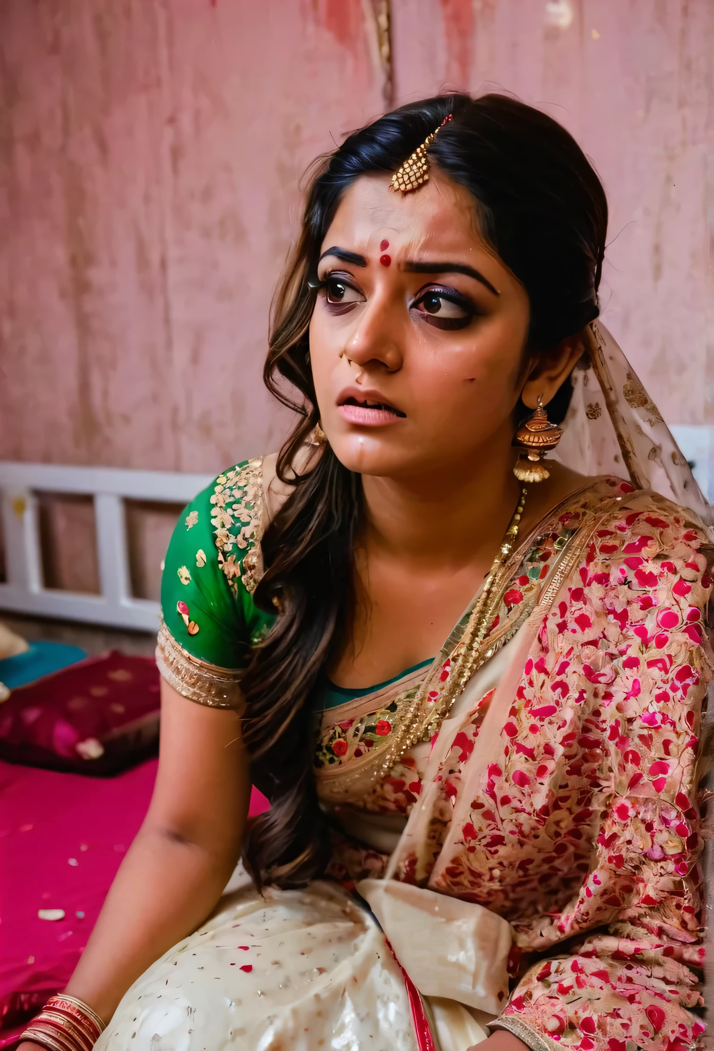 Typical Bihari wedding, bride's sister disappointed in front, domestic violence, dark image, girl's makeup is messed up, tears in eyes, kajal scattered, looking towards the camera, sitting on the bed in the bedroom