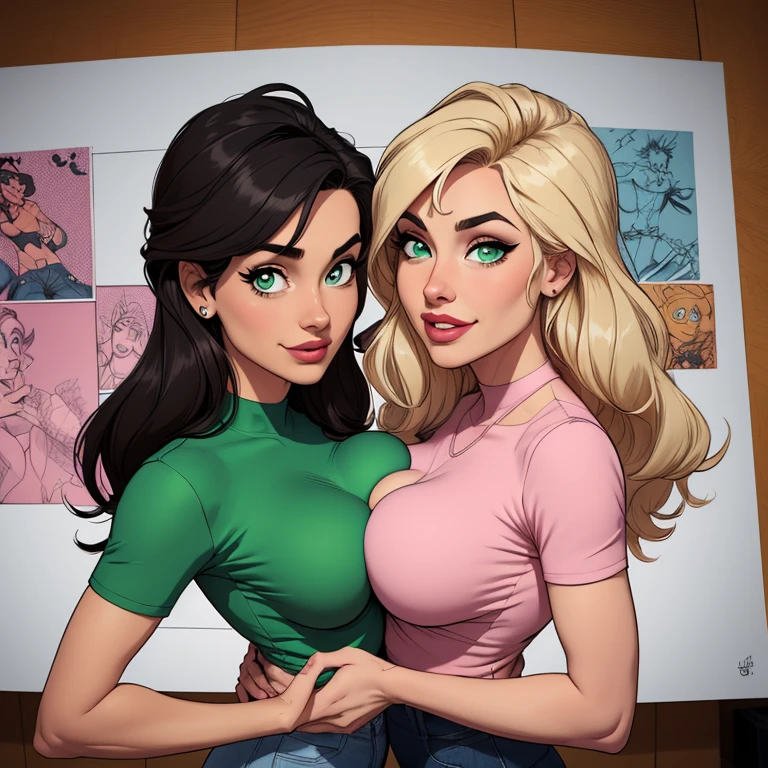Beautiful portrait mode pose Cartoon character in dynamic pose two women together Larissa Manoela s om 1,60cm on the left and together with a symmetrical body and beautiful breasts, corpo bem definido, delicado e sensual, estilo de desenho animado, digital illustration Penelope Cruz Portrait mode 35 year old woman, very long blonde hair down to the waist and half curly with bangs, seios pequenos, olhos grandes com um brilho apaixonado, olhos verdes mel, Um lindo sorriso, wearing a long black t-shirt with a green feminine suit and jeans, in a serious and sweet comic-style pose, alta qualidade