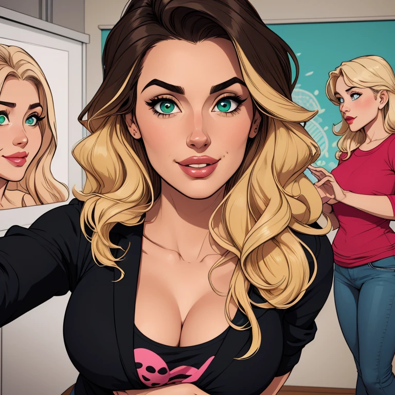 Beautiful portrait mode pose Cartoon character in dynamic pose two women together Larissa Manoela s om 1,60cm on the left and together with a symmetrical body and beautiful breasts, corpo bem definido, delicado e sensual, estilo de desenho animado, digital illustration Penelope Cruz Portrait mode 35 year old woman, very long blonde hair down to the waist and half curly with bangs, seios pequenos, olhos grandes com um brilho apaixonado, olhos verdes mel, Um lindo sorriso, wearing a long black t-shirt with a green feminine suit and jeans, in a serious and sweet comic-style pose, alta qualidade