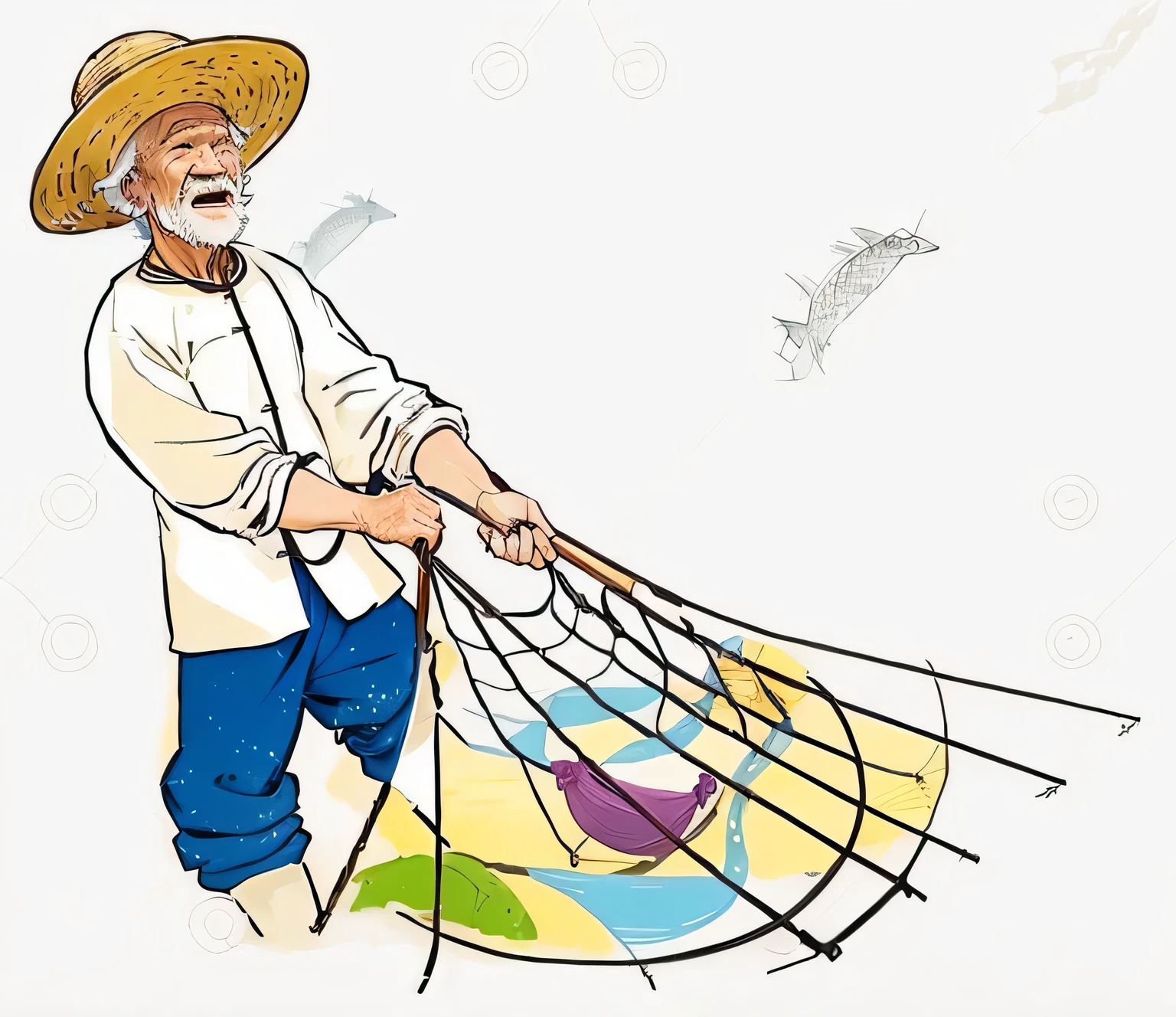 A cartoon man wearing a hat and fishing net, Fisherman, The old man works hard, Fisherman,