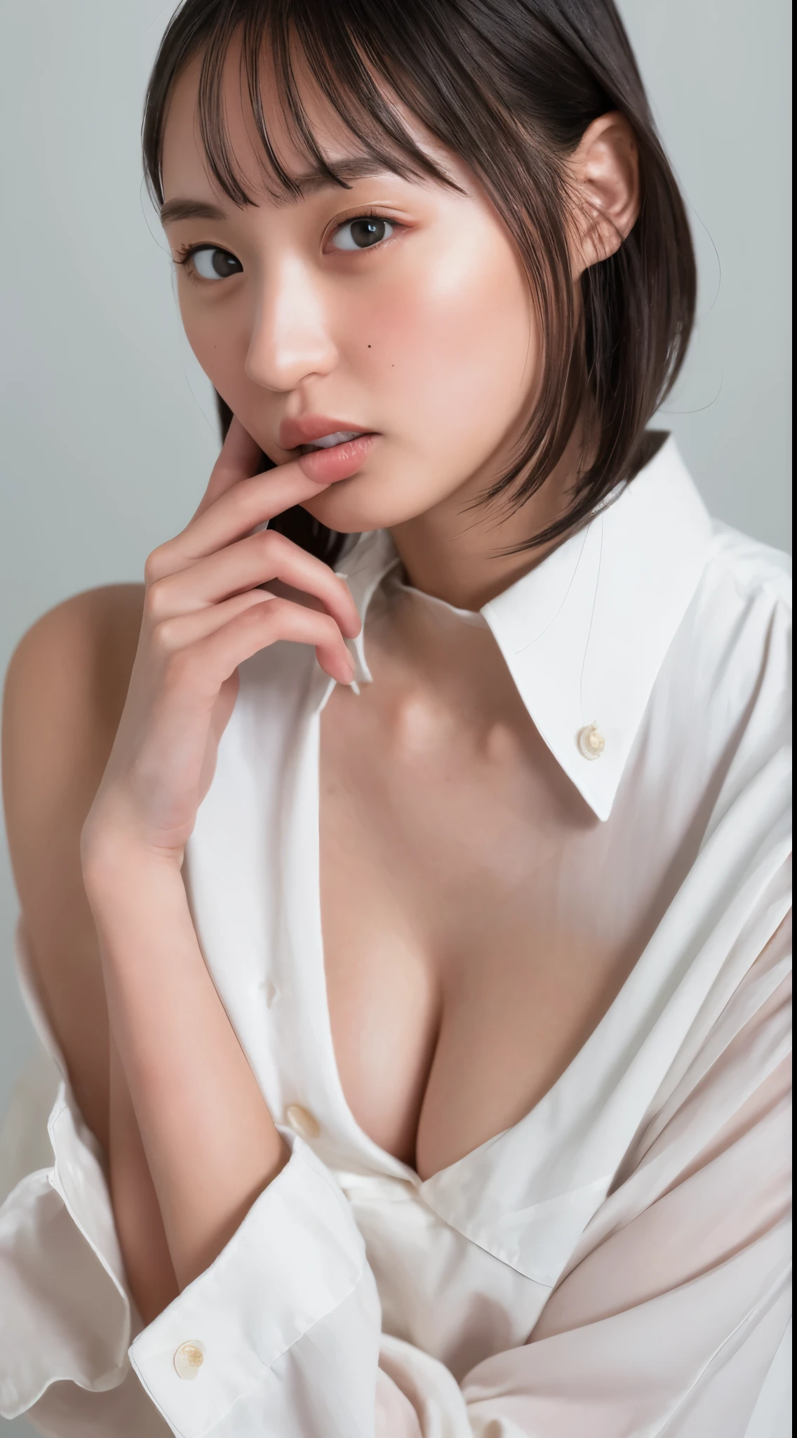 ((highest quality, 8k, masterpiece: 1.3)), sharp: 1.2, Perfect body beauty: 1.4, Slim Abs: 1.2, ((Layered Hairstyles, Big Breasts: 1.2)), (濡れた White Button Long Shirt: 1.1), (nude: 1.2), Close your face: 1.5, Highly detailed face and skin texture, Beautiful Eyes, double eyelid, Side view of the camera