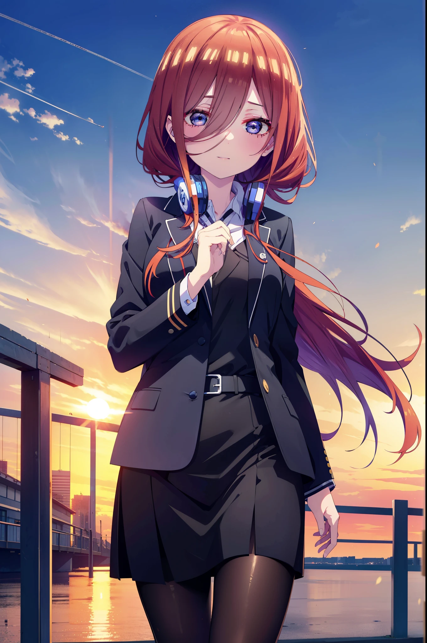 Miku Nakano, Miku Nakano, Long Hair, bangs, blue eyes, Brown Hair,,Blue Hairband ,Hair between the eyes, happy smile, smile, Open your mouth,Headphones around the neck,OL, Akagi Glasses, Black suit jacket, Collared jacket, White dress shirt, Collared shirt, Neckline, button, Black pencil skirt, Black Pantyhose,Stiletto heels,too,sunset,evening,too陽が沈んでいる, As if your whole body is in the illustration,Looking up from below,
break outdoors, city,Building district,
break looking at viewer,  (Cowboy Shot:1. 5)
break (masterpiece:1.2), highest quality, High resolution, unity 8k wallpaper, (shape:0.8), (Beautiful details:1.6), Highly detailed face, Perfect lighting, Extremely detailed CG, (Perfect hands, Perfect Anatomy),