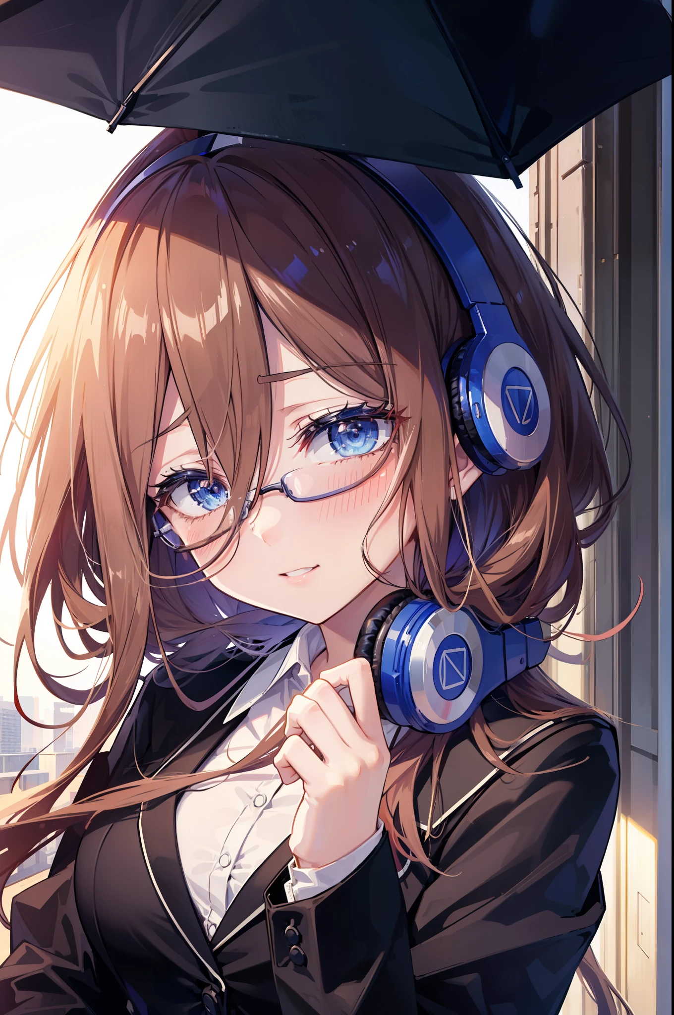 Miku Nakano, Miku Nakano, Long Hair, bangs, blue eyes, Brown Hair,,Blue Hairband ,Hair between the eyes, happy smile, smile, Open your mouth,Headphones around the neck,OL, Akagi glasses, Black suit jacket, Collared jacket, White dress shirt, Collared shirt, Neckline, button, Black pencil skirt, Black pantyhose,Stiletto heels,So that the whole body goes into the illustration,sunset,evening,The sun is setting, Looking up from below,
break outdoors, city,Building district,
break looking at viewer, (Cowboy Shot:1. 5)
break (masterpiece:1.2), highest quality, High resolution, unity 8k wallpaper, (shape:0.8), (Beautiful details:1.6), Highly detailed face, Perfect lighting, Extremely detailed CG, (Perfect hands, Perfect Anatomy),