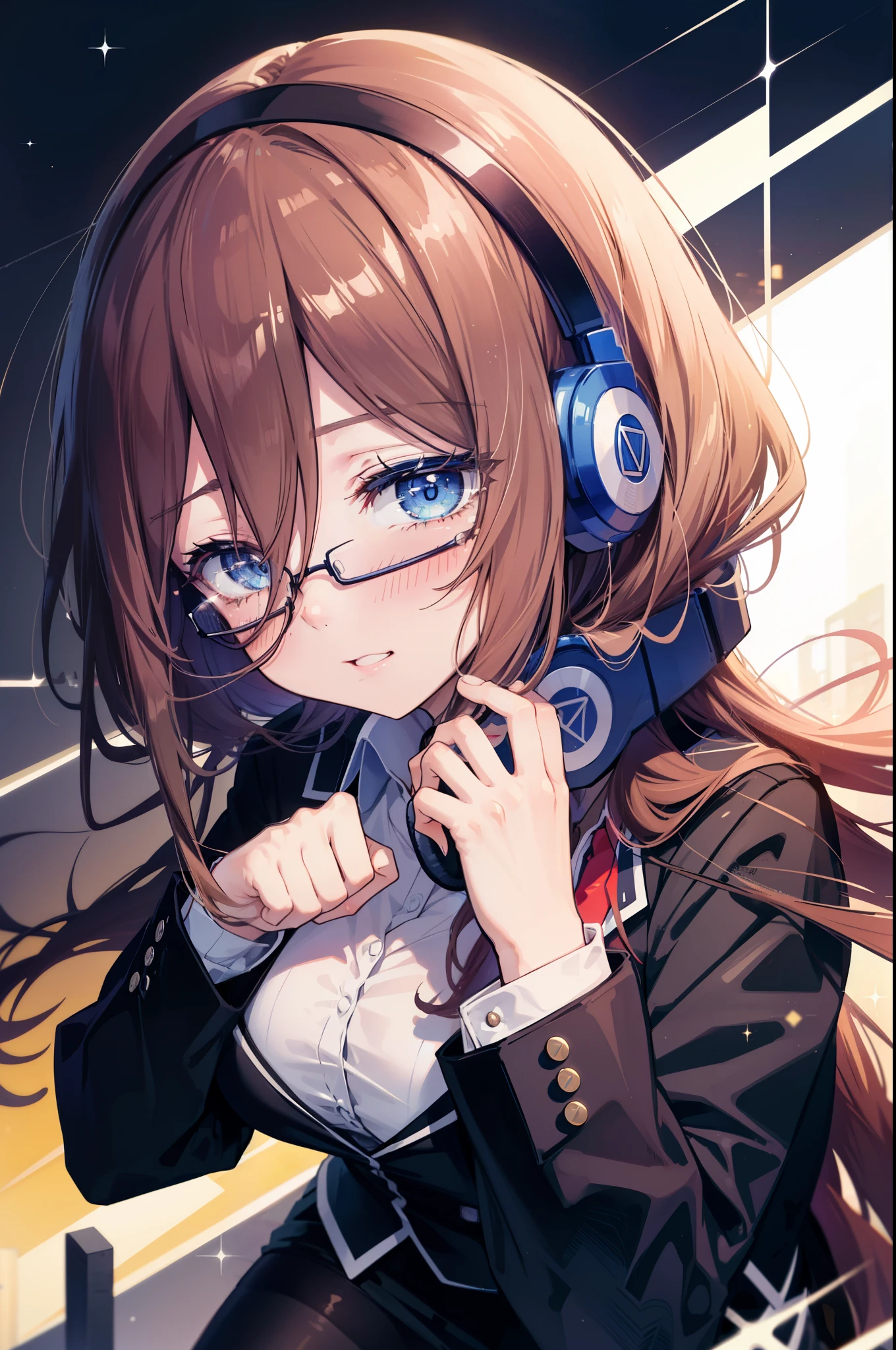 Miku Nakano, Miku Nakano, Long Hair, bangs, blue eyes, Brown Hair,,Blue Hairband ,Hair between the eyes, happy smile, smile, Open your mouth,Headphones around the neck,OL, Akagi glasses, Black suit jacket, Collared jacket, White dress shirt, Collared shirt, Neckline, button, Black pencil skirt, Black pantyhose,Stiletto heels,So that the whole body goes into the illustration,sunset,evening,The sun is setting, Looking up from below,
break outdoors, city,Building district,
break looking at viewer,  (Cowboy Shot:1. 5)
break (masterpiece:1.2), highest quality, High resolution, unity 8k wallpaper, (shape:0.8), (Beautiful details:1.6), Highly detailed face, Perfect lighting, Extremely detailed CG, (Perfect hands, Perfect Anatomy),