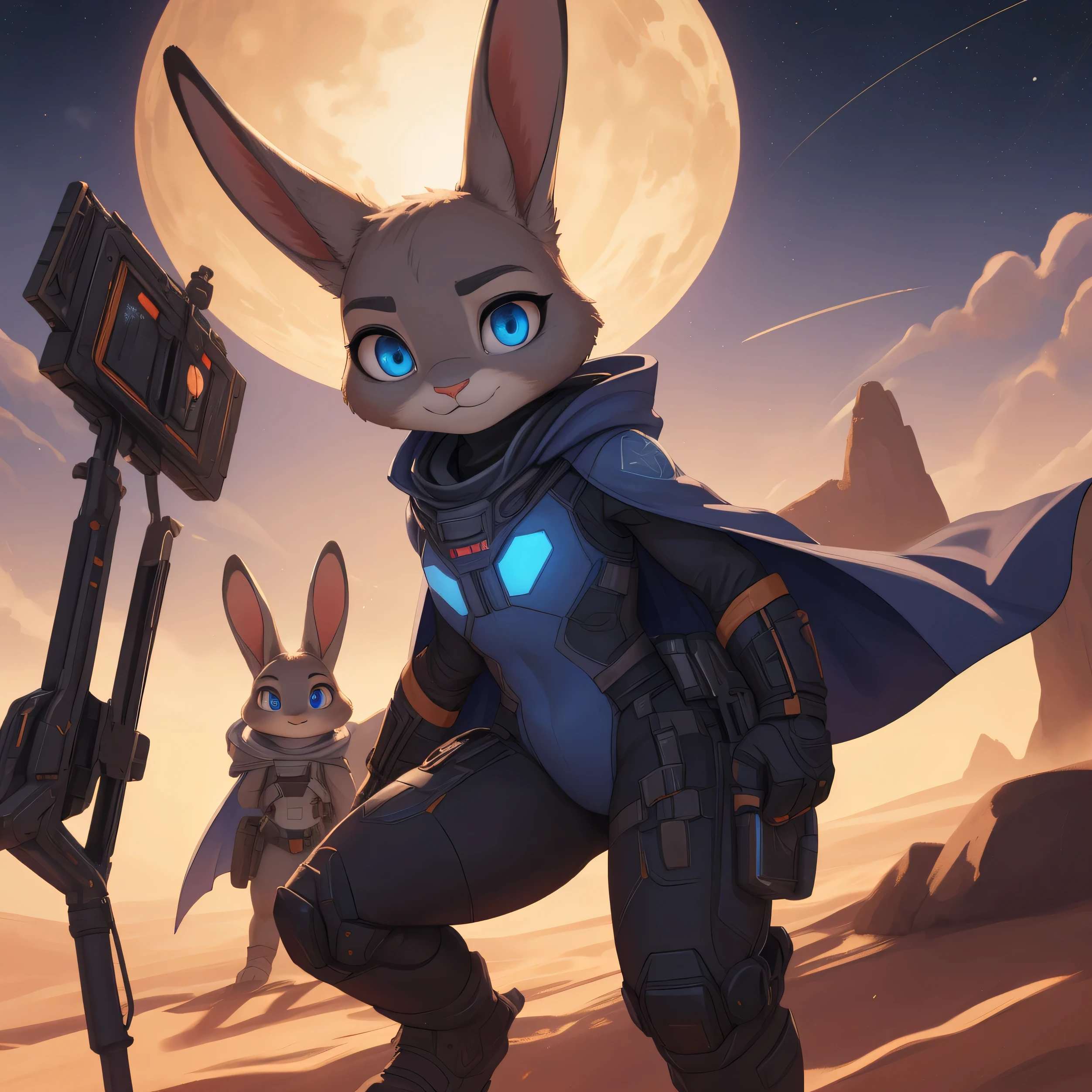 ((masterpiece)) ((ultra quality)) ((4k quality)) Judy Hopps, blue eyes, glowing eyes, mask-filter, cape, sci-fi suit, wind, desert planet, three sun on the background,very hot, sandstorm on the background