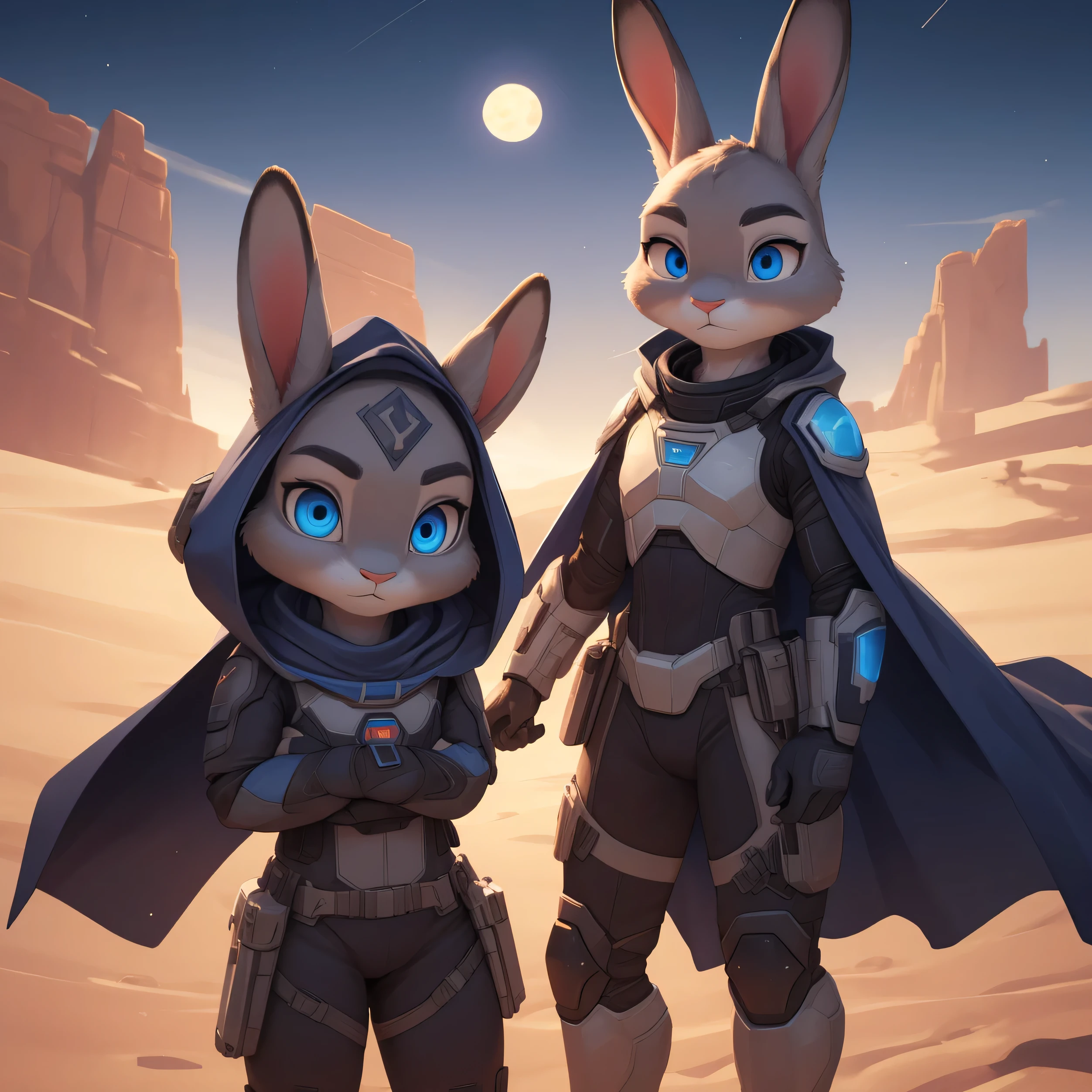 ((masterpiece)) ((ultra quality)) ((4k quality)) Judy Hopps, blue eyes, glowing eyes, mask-filter, cape,  sci-fi suit, wind, desert planet, three sun on the background,very hot, sandstorm on the background 
