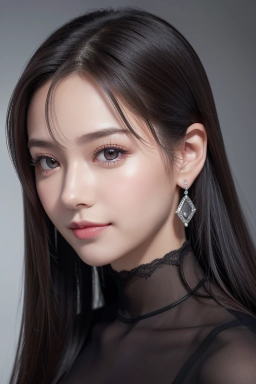 8k wallpaper, RAW Photos, (A small smile:1.1)、( Big Breasts :1.4 )、( Diamond Earrings )、( beautiful )、( Silver grey hair )、( Silver Eyes )、 highest quality、 masterpiece:1.2、( High Contrast、 Ultra-high resolution、すべてがUltra-high resolutionでレンダリングされます、Masseter region、 Attention to detail、Realistic photorealism:1.37、)、Portraiture、The perfect angle、 Professional photos, ponytail、Lots of hair