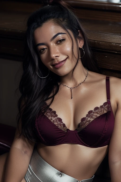 day scene, close up photo of latina from top view, lying in a pub, wide open legs, maroon see through bra, perfect breasts, ponytail, necklace, 30 yo, look at viewer and smile, (cinematic:1.3), intricate details, (ArtStation:1.2)