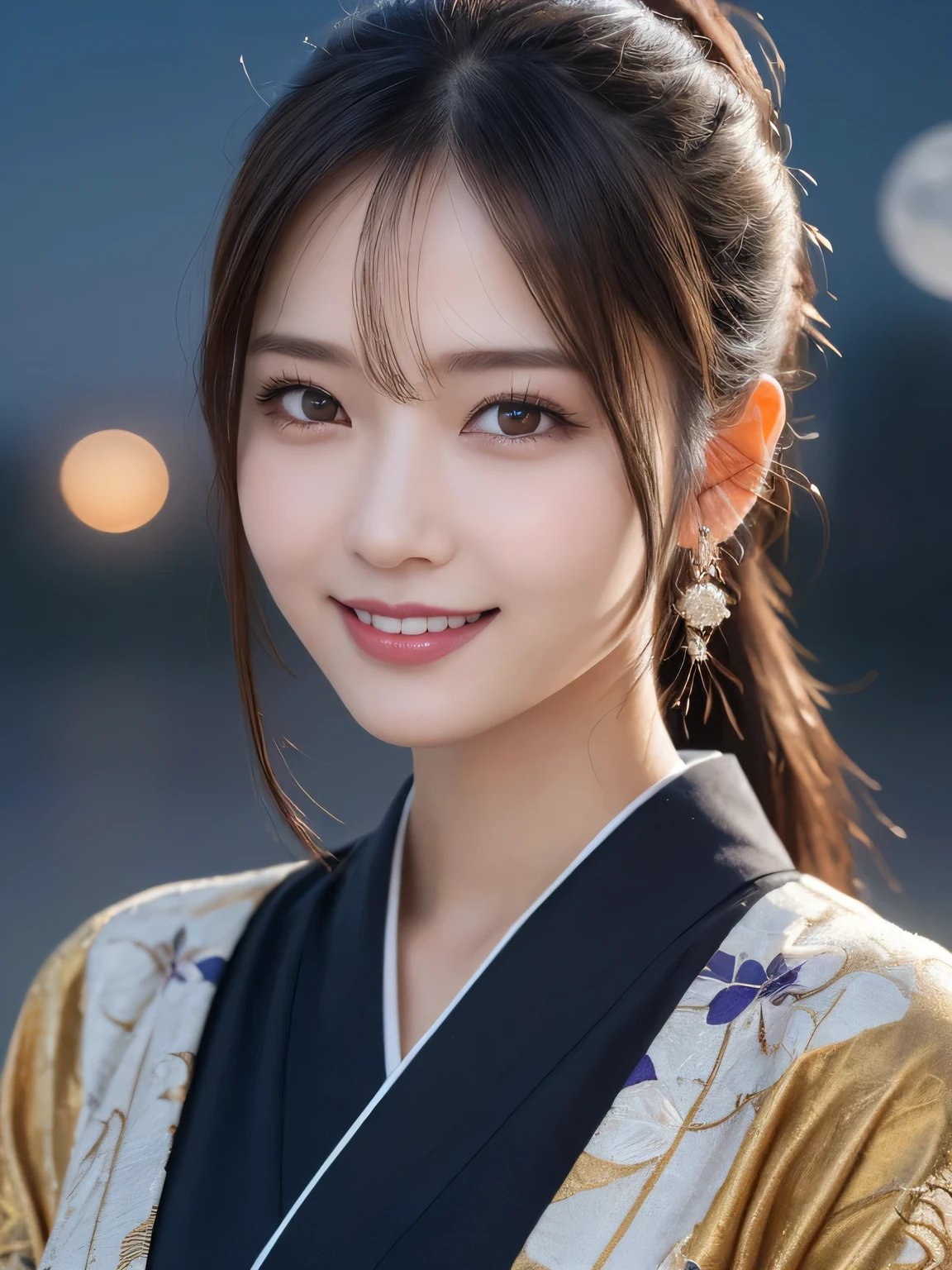 Kimono beauty, body portrait, 8K, thin and beautiful eyes, Dindal effect, masterpiece, top quality, high quality, high resolution, very detailed photo, (natural skin texture, fine skin, hyperrealism, super sharpness) , high detail skin, (very fine, fine skin texture, intricate details, ponytail, beautiful face, (real-like face), realistic eyes, beautifully detailed eyes, realistic skin, beautiful skin, hyper reality target, highly detailed, golden ratio, smiling eyes, ((night moonlight background) )), body portrait, G cup, big breasts, huge breasts, big breasts, glamorous,