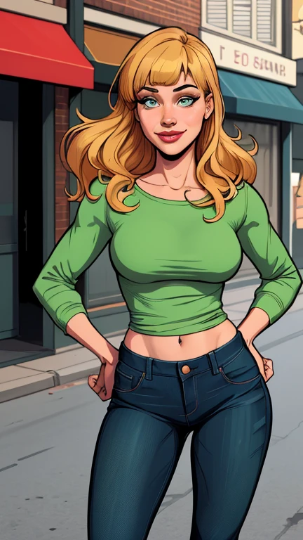 mulher de 35 anos, Cartoon style digital illustration style GTA styleVery long hair down to the waist and half curly with bangs, seios pequenos, olhos grandes com um brilho apaixonado, olhos verdes mel, Um lindo sorriso, wearing a long black t-shirt with a green feminine suit and jeans, in a serious and sweet comic-style pose, High quality Cartoon style digital illustration GTA style