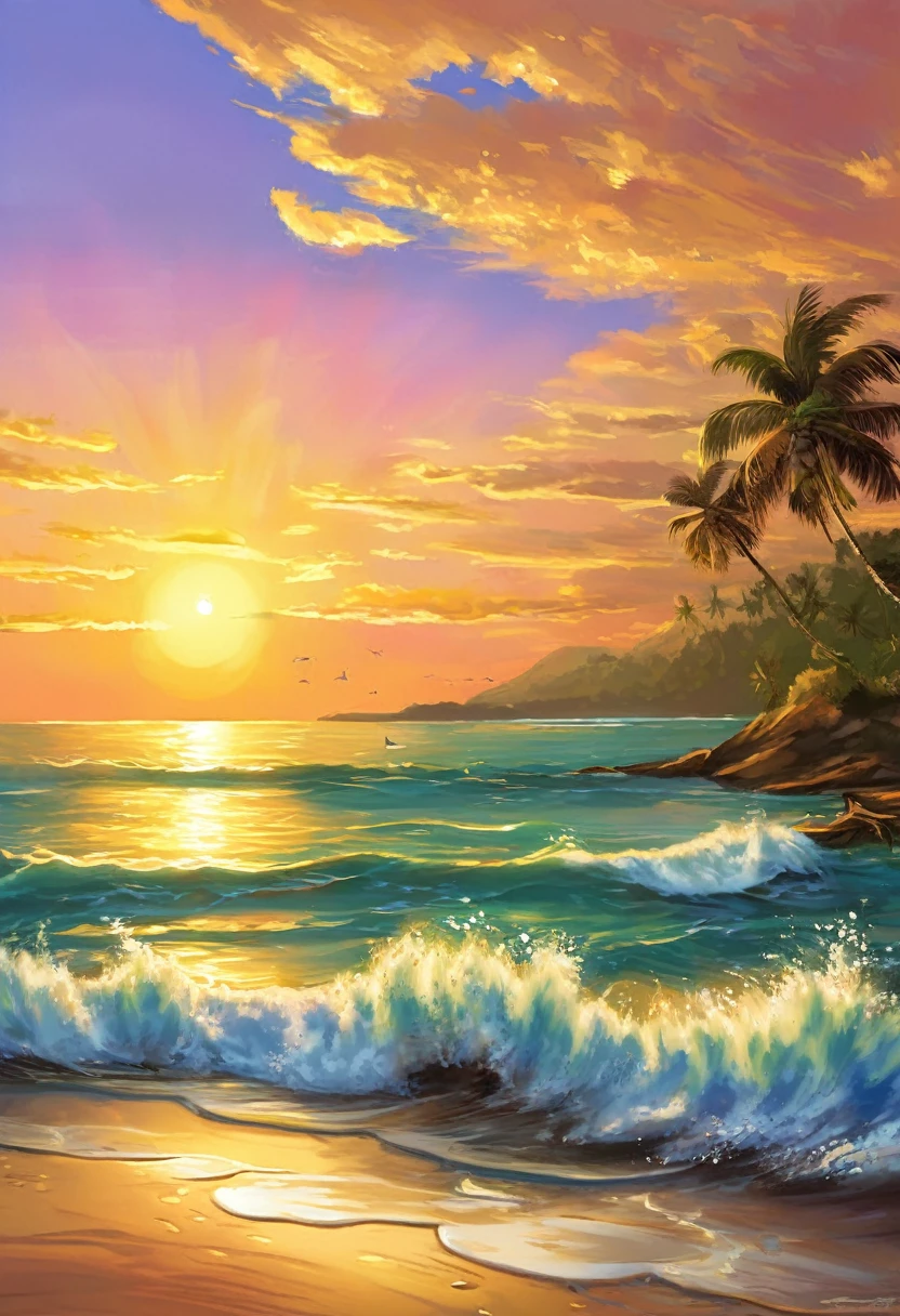 make a beach view that had sunrise that giving hopes the sunrise had golden brown  shine make the artstyle look like draw on canvas