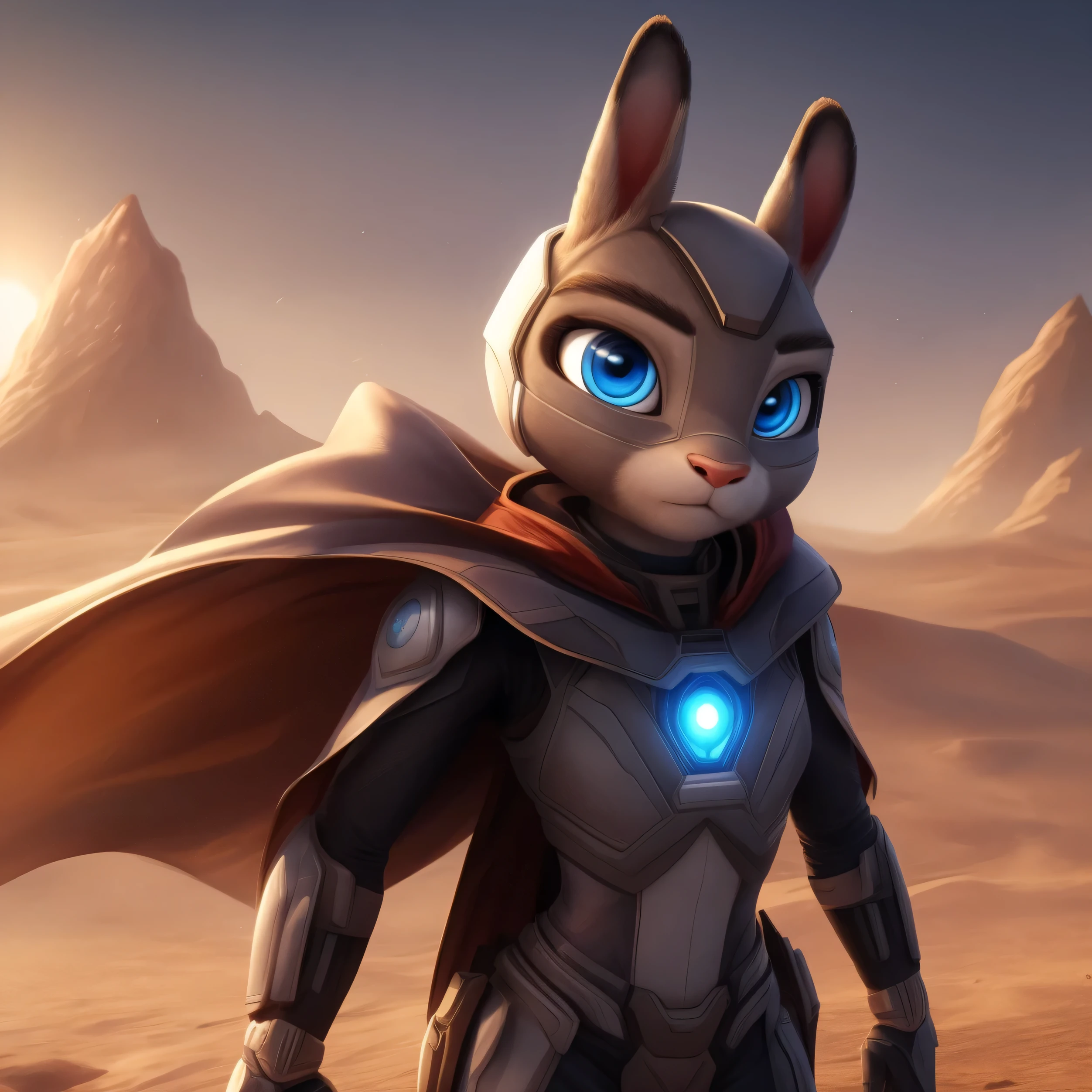 ((masterpiece)) ((ultra quality)) ((4k quality)) Judy Hopps, blue eyes, glowing eyes, mask-filter, cape, sci-fi suit, wind, desert planet, three sun on the background,very hot, sandstorm on the background