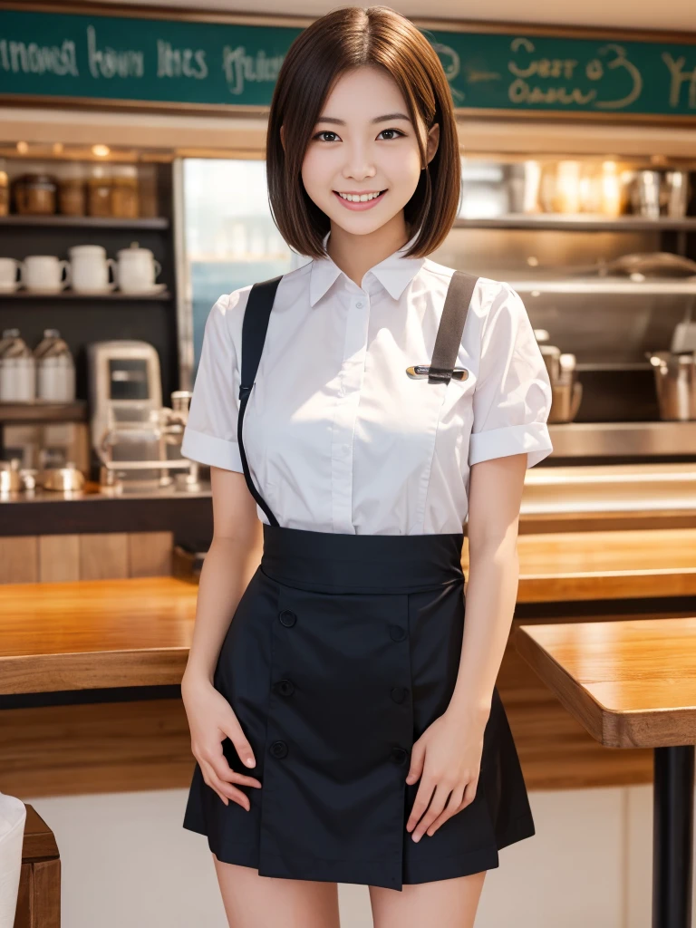 (highest quality),(8K),(masterpiece),(high resolution),(Crisp image quality),(Photorealistic:1.3),(Three Women:1.2),The background is a cafe,Cafe attendant costume,Huge breasts,Short Hair,Full Body Shot,A waitress uniform that emphasizes the shape of her breasts,smile