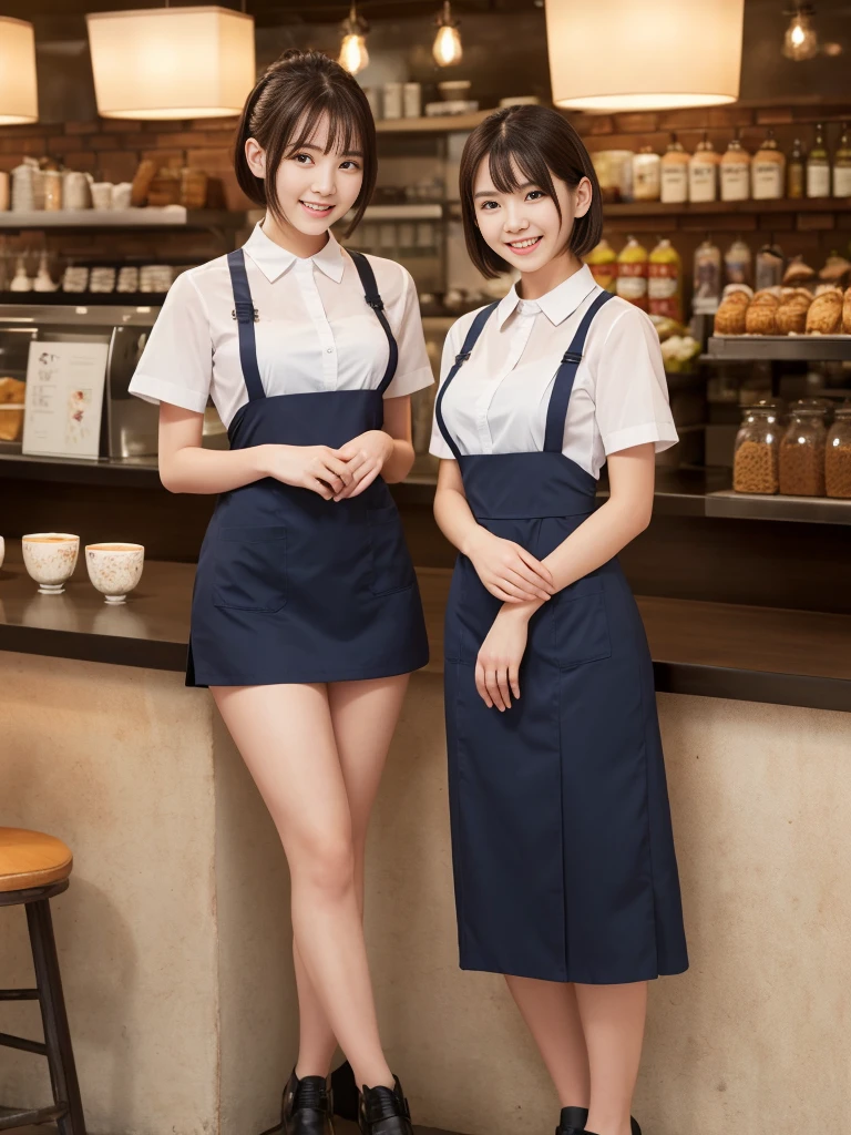(highest quality),(8K),(masterpiece),(high resolution),(Crisp image quality),(Photorealistic:1.3),(Three Women:1.2),The background is a cafe,Cafe attendant costume,Huge breasts,Short Hair,Full Body Shot,A waitress uniform that emphasizes the shape of her breasts,smile