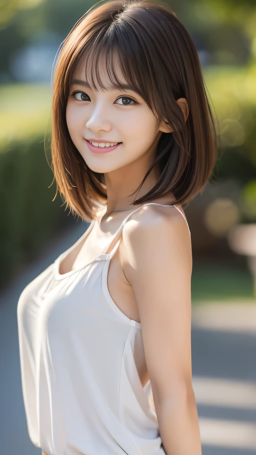 masterpiece, best quality, ultra high res, ultra detailed, sharp focus, 1girl, solo, a stunning pretty and beautiful Japanese sexy model, 19yo, looking at viewer:1.3, (bright smile:0.6), wearing a (blouse), dusk, sunset, night, realistic, slender, (standing:1.1), (looking at the viewer:1.3), sexy gaze, blush, (upper body shot:1.6), medium hair, messy hair, asymmetrical bangs, light brown hair, messy hair style, ((Pure white tank top、Hands behind head、smile、Light clothing))