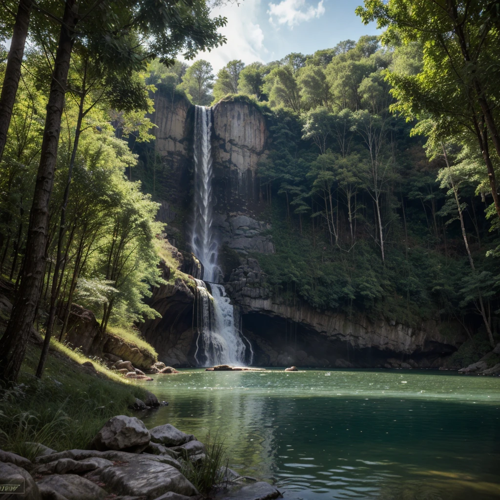 (YES SFW). Beautiful Girl, Spanish makeup, Red lips, big breasts, medium body, wrap a towel, body towel wrap, white towel, thigh, bodytowel, Looking at the viewer, stand, pose standing, lakes, (((view of the lake in the middle of the forest, waterfall))), rainfall, sunlight. Ultra photoreal shot. High details, Backlit. Diffuse lights. Viewed from afar. Dutch angle. realistic hands, wide angle. Isometric, green fog in cave, smoke around