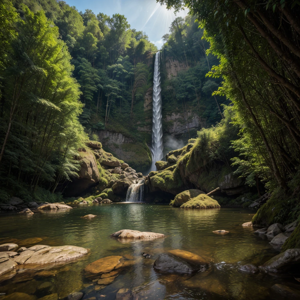 (YES SFW). Beautiful Girl, Spanish makeup, Red lips, big breasts, medium body, wrap a towel, body towel wrap, white towel, thigh, bodytowel, Looking at the viewer, stand, pose standing, lakes, (((view of the lake in the middle of the forest, waterfall))), rainfall, sunlight. Ultra photoreal shot. High details, Backlit. Diffuse lights. Viewed from afar. Dutch angle. realistic hands, wide angle. Isometric, green fog in cave, smoke around