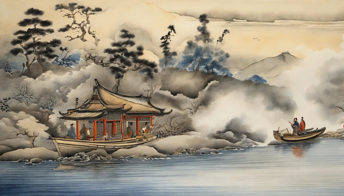 (best quality,artistic:1.2), (style of hokusai:1.1), (ukiyoe painting:1.1), (man:1.1),smoke pipes,scroll,traditional,Japanese culture,woodblock prints,charming,meticulous detailing, vibrant colors, flowing lines, serene atmosphere, cultural heritage, evocative scenery, harmonious composition, timeless beauty, master artist