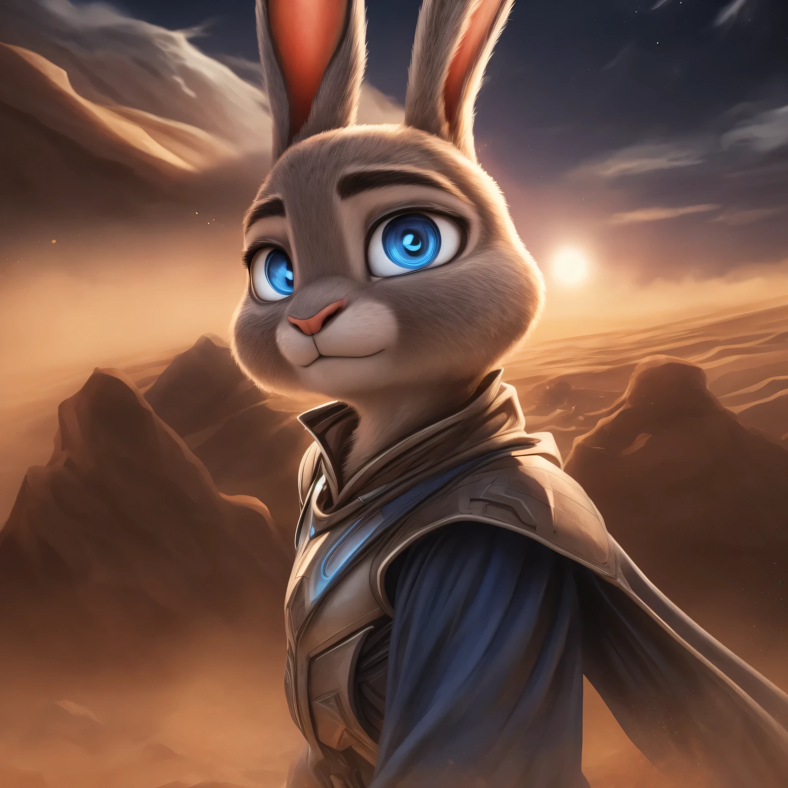 ((masterpiece)) ((ultra quality)) ((4k quality)) Judy Hopps, blue eyes, glowing eyes, mask-filter, cape, sci-fi suit, wind, desert planet, three sun on the background,very hot, sandstorm on the background