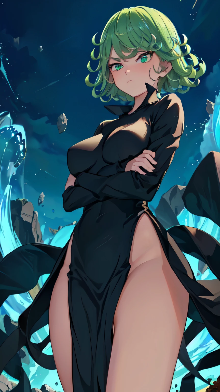 masterpiece, best quality, ultra-detailed, illustration, epic lighting, cinematic composition, 1girl, tatsumaki, big breasts, black dress, pelvic curtain, long sleeves, green eyes, glowing eyes, crossed arms, pouting, closed mouth, piercing gaze,standing, legs apart, from below, blue sky, (8k:1.1)  