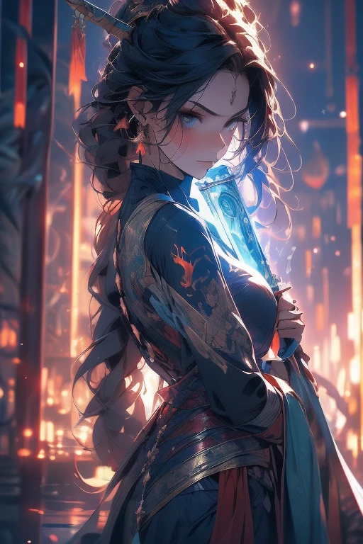 1 young girl, warrior woman, fierce expression, small smile, deep green hair, orb of water, water dragon, dragon horns, magic, mystic atmosphere, vivid colors, mysterious aura, monk attire, graceful movements, powerful presence, ancient wisdom, flowing robes, tranquil garden, serene pond, glowing lotus flowers, gentle breeze, soft sunlight, hidden secrets, ethereal beauty, peaceful yet powerful, otherworldly energy, harmonious balance, mythical charm, epic battles, elements of nature, intricate tattoos, enchanting melody, hypnotic dance, captivating grace, divine protection, age-old prophecies, ancient scrolls, powerful artifacts, intense focus, unbreakable spirit, untamed wildness, guardian of sacred knowledge, protector of the realms, master of martial arts, vast landscapes, hidden temples, celestial beings, spiritual awakening. (best quality,ultra-detailed,realistic,vivid colors), (portrait,landscape,fantasy). Warm tone, soft and diffused lighting.