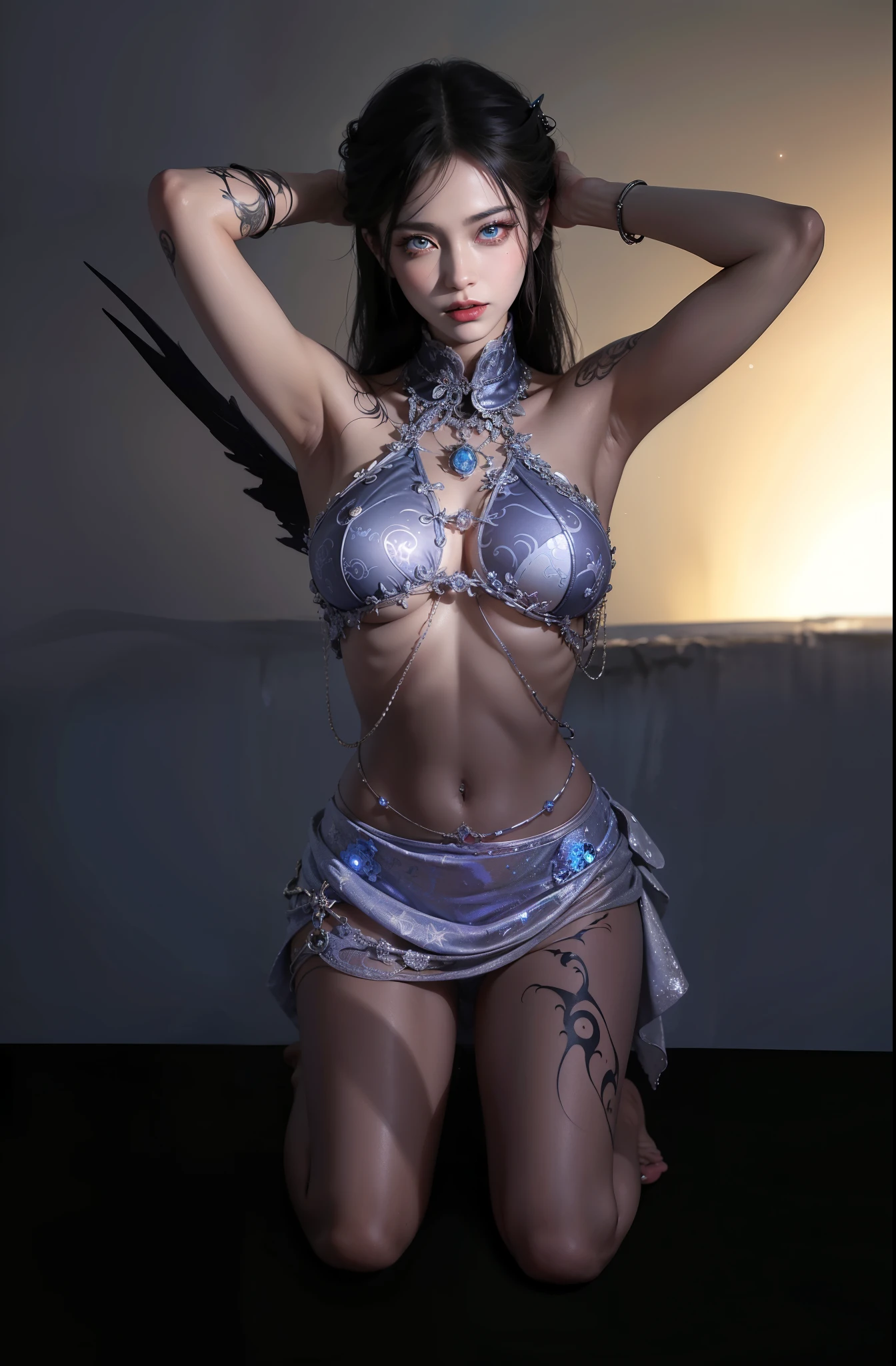 Detailed image quality，Witch Pandora，wing, Succubus Theme，堕落Angel，Excellent，scary，Secret Terror，Tentacles，With eyes，Uncanny Valley Effect，Blood Moon，skeleton，vampire，Hellfire，Dark Queen，Angel，magician magic witch，16岁Angel，Eyes are blue(Pupils as deep as the starry sky)，Gorgeous tattoo designs all over the body，tattoo queen，Gorgeous clothes(Rich in details)，8K Ultra HD photos，哥特式vampire女王，Kneeling on the ground